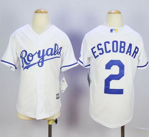 Royals #2 Alcides Escobar White Cool Base Stitched Youth MLB Jersey - Click Image to Close